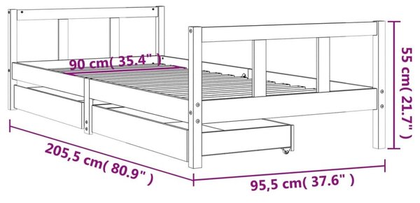 Fekete gyerek tömör fenyőfa ágykeret fiókokkal 90 x 200 cm