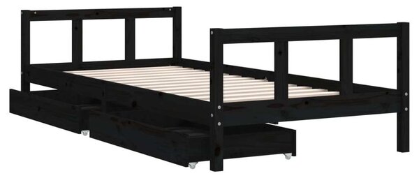 Fekete gyerek tömör fenyőfa ágykeret fiókokkal 90 x 200 cm
