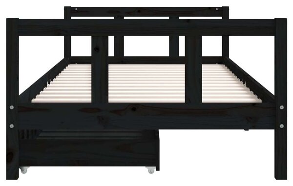 Fekete gyerek tömör fenyőfa ágykeret fiókokkal 90 x 200 cm