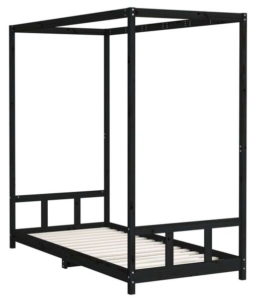 Fekete gyerek tömör fenyőfa ágykeret 90 x 200 cm