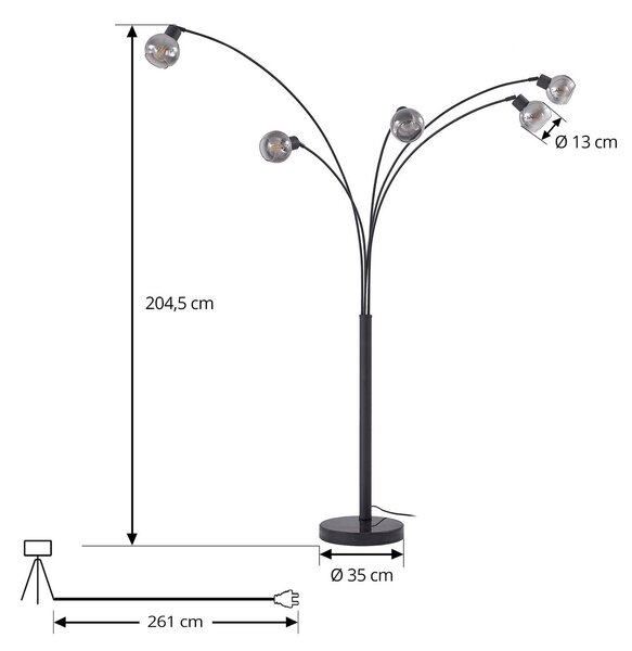 Lindby állólámpa Braccio, szürke/fekete, üveg, 5 izzós, 204.5cm, Fekete, Nappali / Étkező, fém, Modern