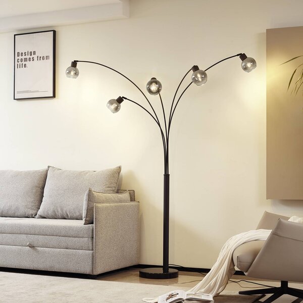 Lindby állólámpa Braccio, szürke/fekete, üveg, 5 izzós, 204.5cm, Fekete, Nappali / Étkező, fém, Modern