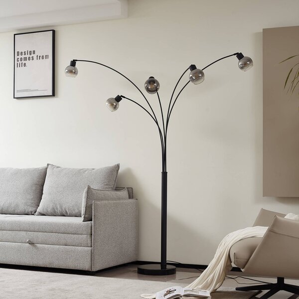Lindby állólámpa Braccio, szürke/fekete, üveg, 5 izzós, 204.5cm, Fekete, Nappali / Étkező, fém, Modern