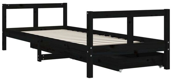 Fekete gyerek tömör fenyőfa ágykeret fiókokkal 80 x 200 cm