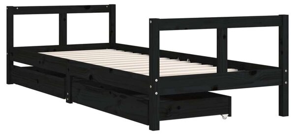 Fekete gyerek tömör fenyőfa ágykeret fiókokkal 80 x 200 cm