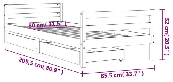 Fekete gyerek tömör fenyőfa ágykeret fiókokkal 80 x 200 cm