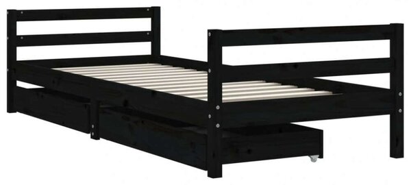 Fekete gyerek tömör fenyőfa ágykeret fiókokkal 80 x 200 cm