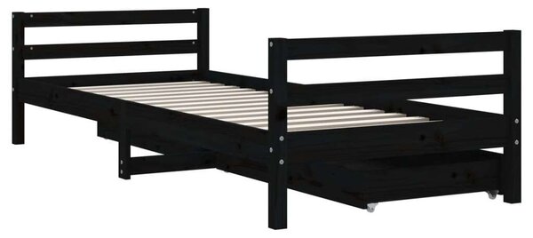 Fekete gyerek tömör fenyőfa ágykeret fiókokkal 80 x 200 cm