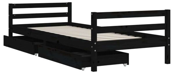 Fekete gyerek tömör fenyőfa ágykeret fiókokkal 80 x 200 cm