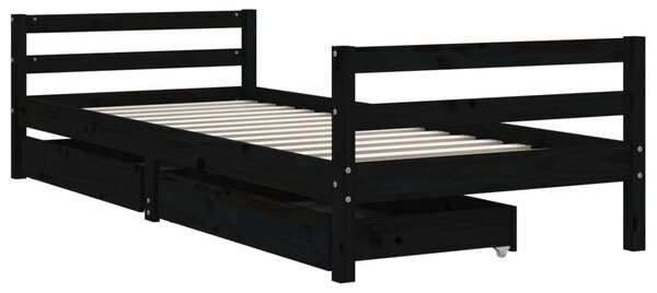 Fekete gyerek tömör fenyőfa ágykeret fiókokkal 80 x 200 cm