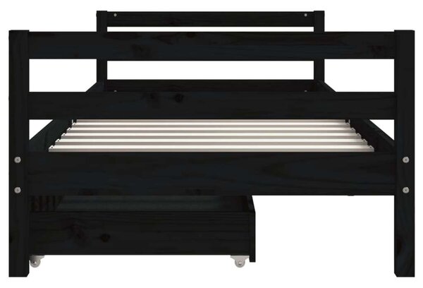 Fekete gyerek tömör fenyőfa ágykeret fiókokkal 80 x 200 cm