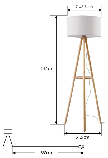 Lindby Adamio állólámpa, Ø 45,5 cm, fehér, textil, állvány, háromlábú, Világos fa, Nappali / Étkező, Fa, Vidéki otthon / Rusztikus