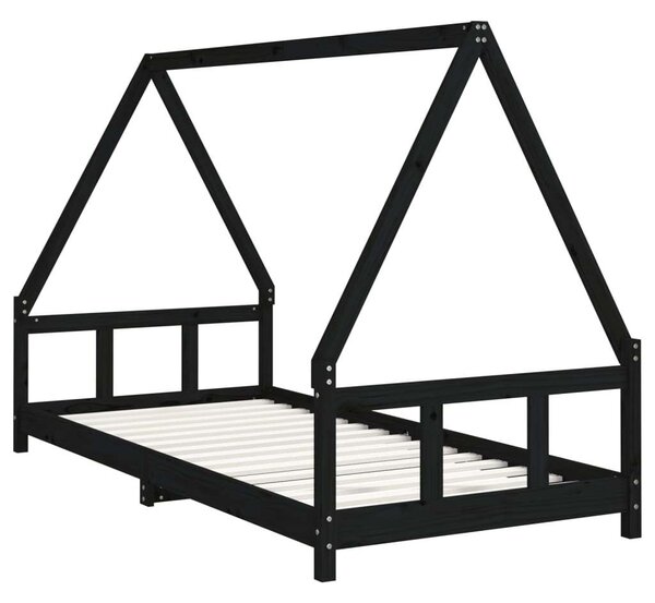 Fekete gyerek tömör fenyőfa ágykeret 90 x 200 cm