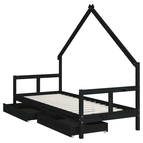 Fekete gyerek tömör fenyőfa ágykeret fiókokkal 80 x 200 cm