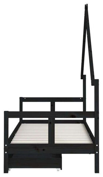 Fekete gyerek tömör fenyőfa ágykeret fiókokkal 80 x 200 cm
