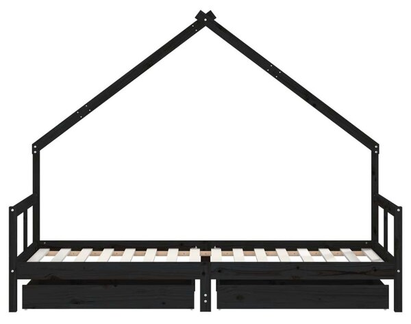 Fekete gyerek tömör fenyőfa ágykeret fiókokkal 80 x 200 cm