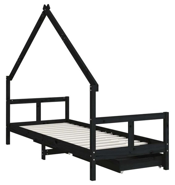 Fekete gyerek tömör fenyőfa ágykeret fiókokkal 80 x 200 cm