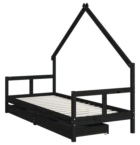 Fekete gyerek tömör fenyőfa ágykeret fiókokkal 80 x 200 cm