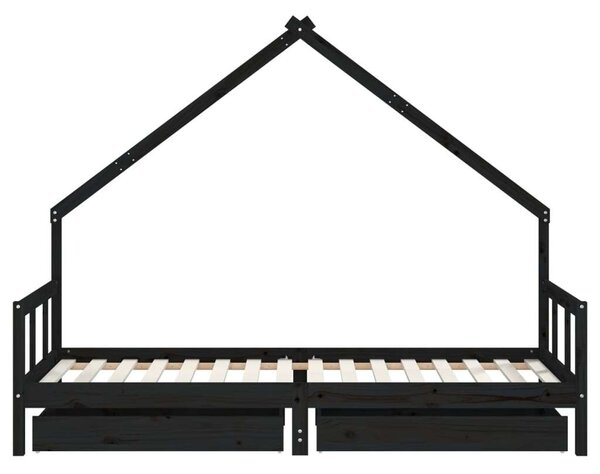 Fekete gyerek tömör fenyőfa ágykeret fiókokkal 90 x 200 cm