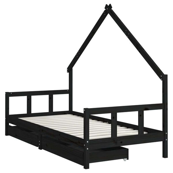 Fekete gyerek tömör fenyőfa ágykeret fiókokkal 90 x 200 cm