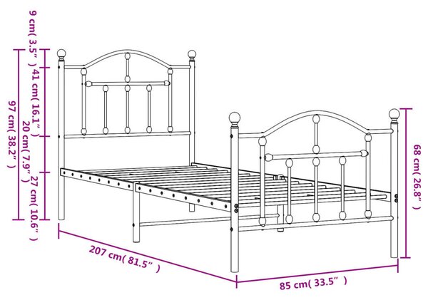 Fekete fém ágykeret fej- és lábtámlával 80 x 200 cm