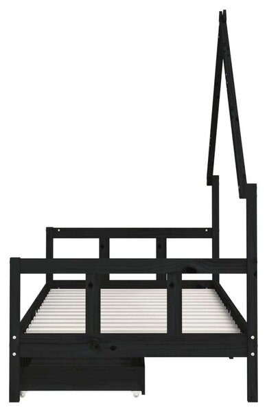 Fekete gyerek tömör fenyőfa ágykeret fiókokkal 90 x 200 cm