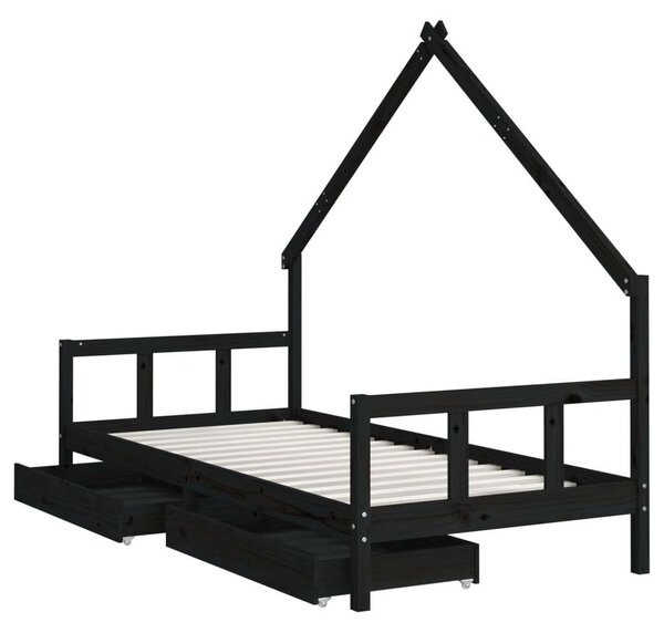 Fekete gyerek tömör fenyőfa ágykeret fiókokkal 90 x 200 cm