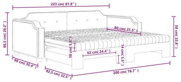 Sötétszürke kihúzható szövet heverő matracokkal 80 x 200 cm