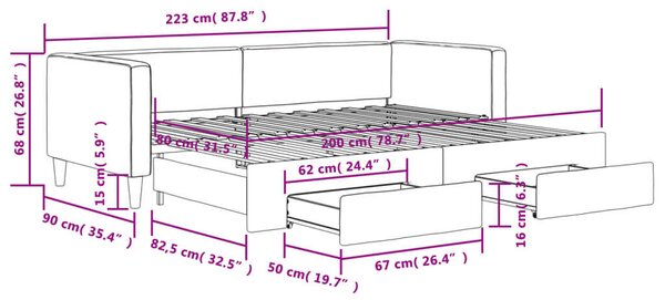 Tópszínű kihúzható bársonyheverő fiókokkal 80 x 200 cm