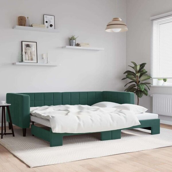 Sötétzöld kihúzható bársony heverő 90 x 200 cm