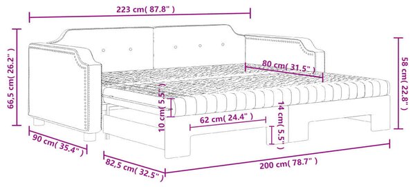 Tópszínű kihúzható szövet heverő matracokkal 80 x 200 cm