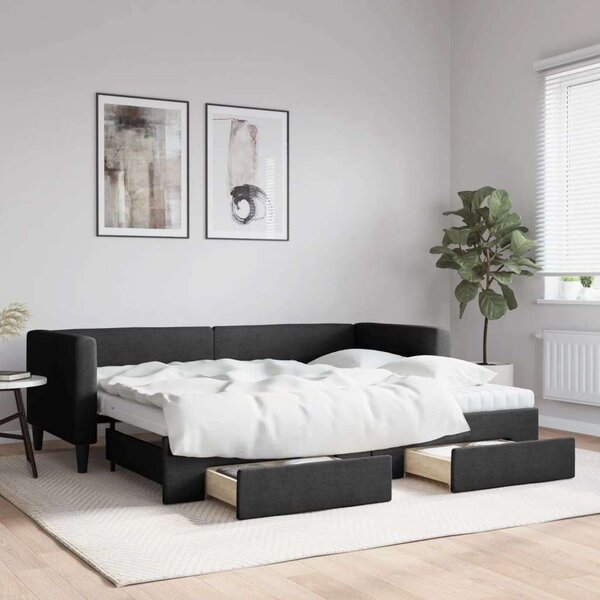 Fekete kihúzható szövet heverő fiókokkal 80 x 200 cm