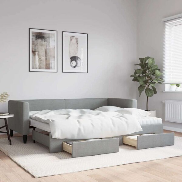 Világosszürke kihúzható szövet heverő fiókokkal 80 x 200 cm