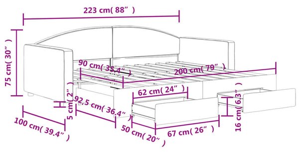 Sötétszürke kihúzható szövet heverő fiókokkal 90 x 200 cm