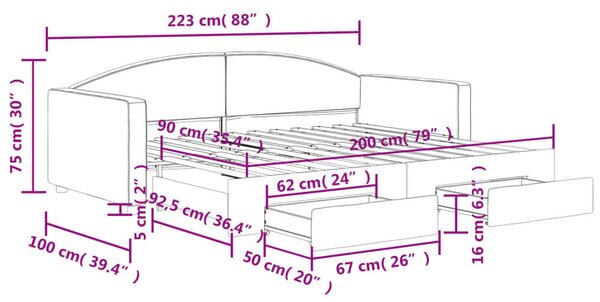 Tópszínű kihúzható szövet heverő fiókokkal 90 x 200 cm