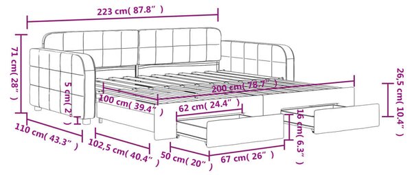 VidaXL sötétzöld kihúzható bársony heverő fiókkal 100 x 200 cm