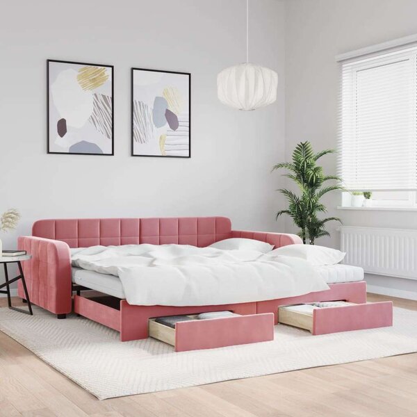 VidaXL rózsaszín kihúzható bársony heverő fiókkal 100 x 200 cm