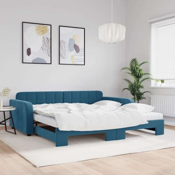 VidaXL kék bársony kihúzható heverő matraccal 100 x 200 cm