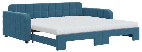 VidaXL kék bársony kihúzható heverő matraccal 100 x 200 cm