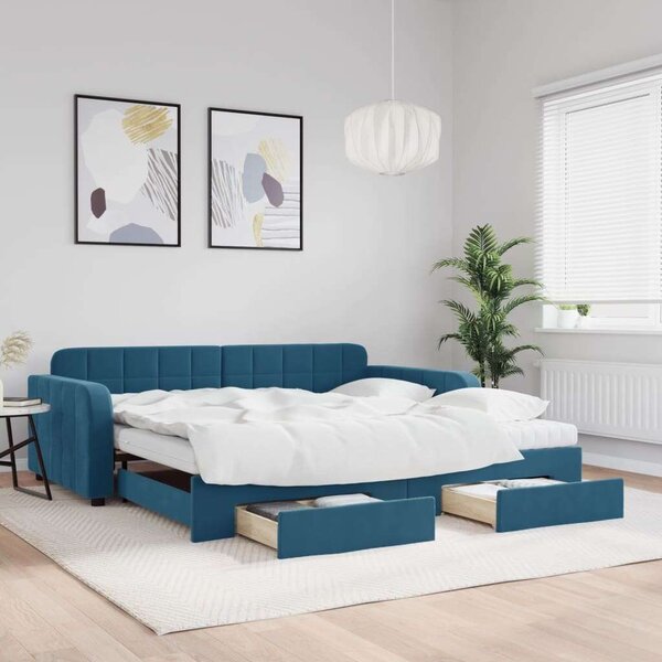 VidaXL kék kihúzható bársony heverő fiókkal 100 x 200 cm