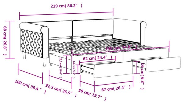 VidaXL fekete kihúzható bársony heverő fiókkal 90 x 190 cm