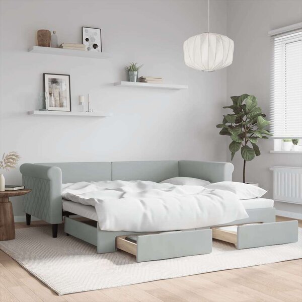 VidaXL világosszürke kihúzható bársony heverő fiókkal 90 x 190 cm