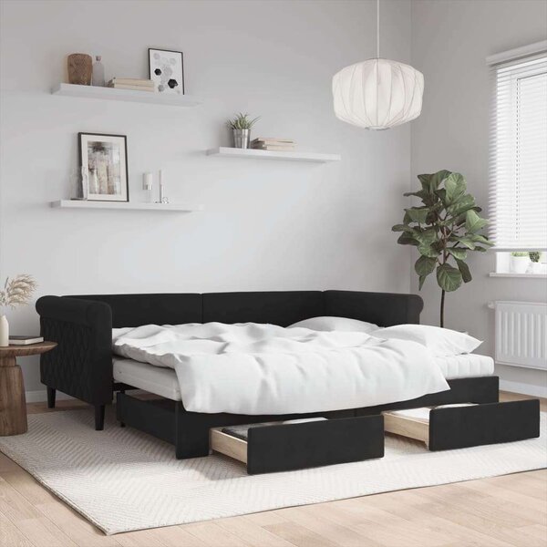 VidaXL fekete kihúzható bársony heverő fiókkal 90 x 190 cm