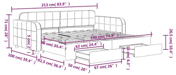 VidaXL világosszürke kihúzható bársony heverő fiókkal 90 x 190 cm