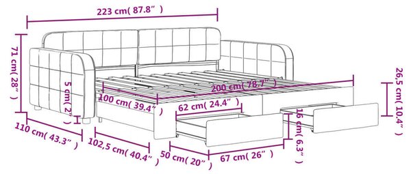 VidaXL világosszürke kihúzható bársony heverő fiókkal 100 x 200 cm