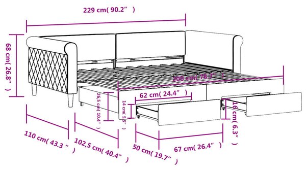 VidaXL világosszürke kihúzható bársony heverő fiókkal 100 x 200 cm