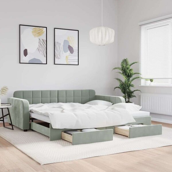 VidaXL világosszürke kihúzható bársony heverő fiókkal 100 x 200 cm
