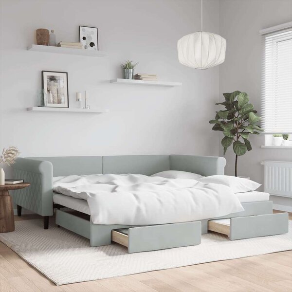 VidaXL világosszürke kihúzható bársony heverő fiókkal 100 x 200 cm