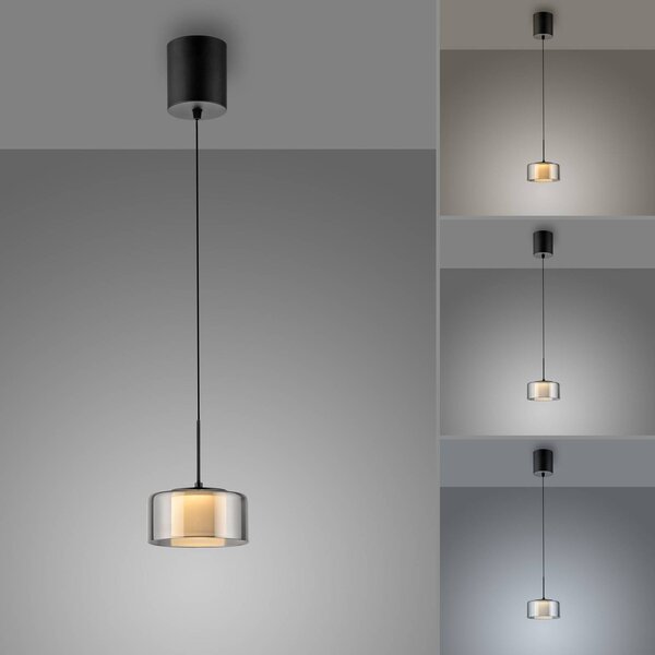 Paul Neuhaus LED-es függőlámpa Rika, Ø 15 cm, üveg, fényerőszabályzóval,, dimmelhető, Fekete, Nappali / Étkező, Üveg, Modern