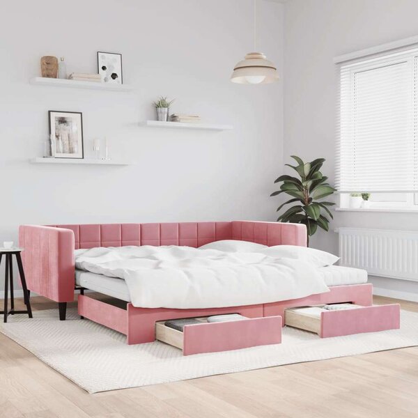 VidaXL rózsaszín kihúzható bársony heverő fiókkal 100 x 200 cm